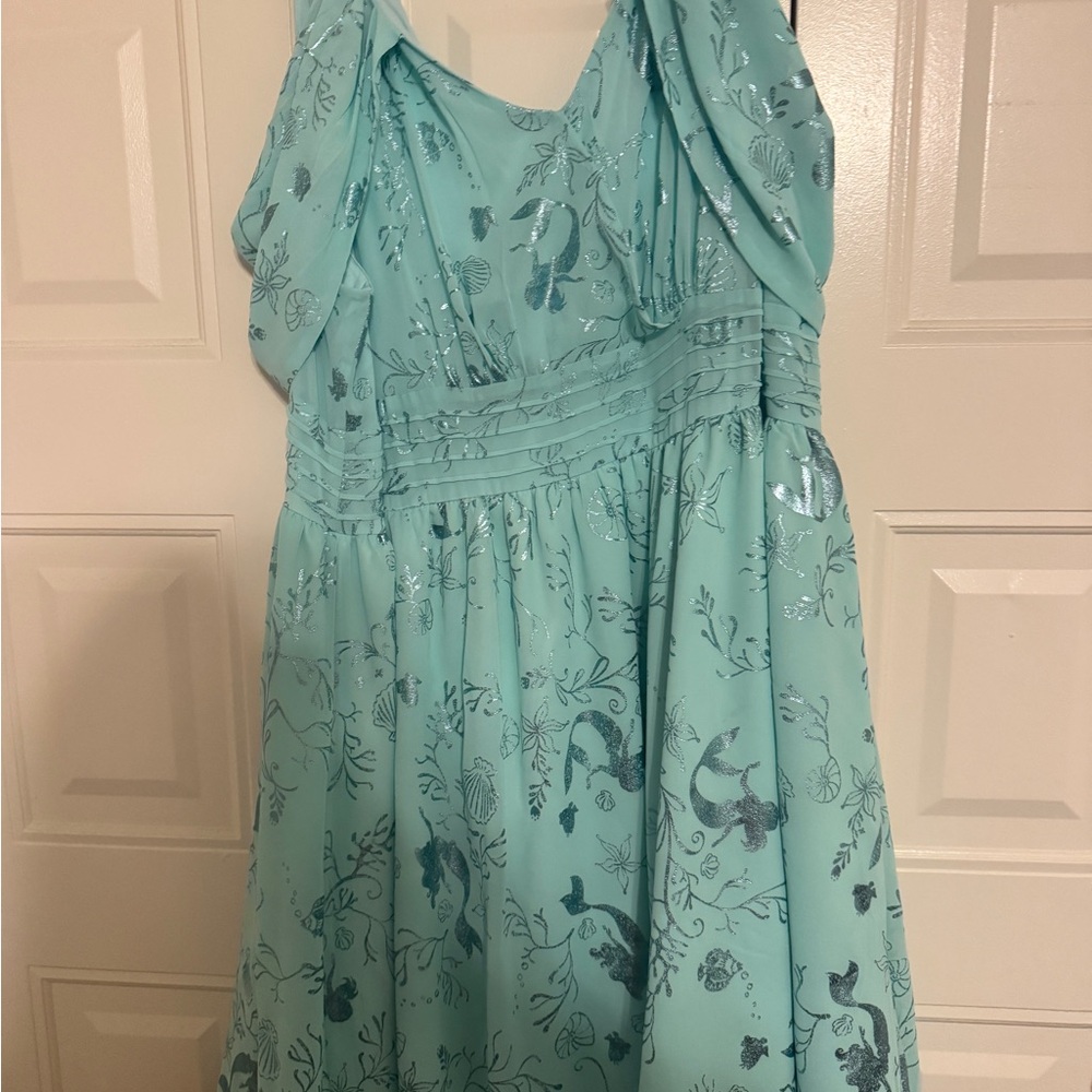 Disney Little Mermaid Aqua Floral Cold-Shoulder Midi Dress - Picture 2 of 7